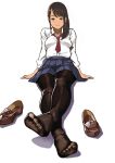  1girl absurdres black_legwear brown_eyes brown_hair commentary_request feet highres loafers long_hair looking_at_viewer necktie no_shoes original pantyhose school_uniform shoes shoes_removed sitting skirt smile solo tani_(sgt_epper) toes 
