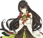  1girl black_hair bow breasts brown_eyes dated detached_sleeves hair_ornament hair_tubes japanese_clothes kantai_collection long_hair low-tied_long_hair mizuho_(kantai_collection) rokuwata_tomoe sidelocks smile solo tassel twitter_username very_long_hair 