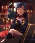 1girl artist_request bat_wings blue_hair boots candle fang formal full_moon halloween head_wings idolmaster idolmaster_million_live! jpeg_artifacts long_hair looking_at_viewer moon nanao_yuriko official_art short_hair solo suit vampire wings yellow_eyes 