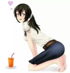  1girl ass barefoot beifeng_han black_hair drink drinking_straw glass hair_between_eyes heart long_hair miyaura_sanshio original ponytail simple_background solo violet_eyes white_background 