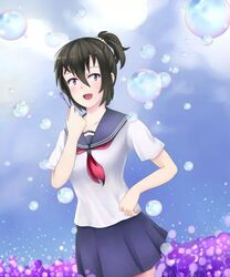  1girl beifeng_han black_hair blush bubble bubble_blowing hair_between_eyes long_hair miyaura_sanshio original school_uniform serafuku short_ponytail skirt solo violet_eyes 