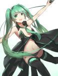  1girl :d bare_arms black_legwear black_panties cable collar flat_chest green_eyes green_hair green_necktie hatsune_miku highres long_hair looking_at_viewer microphone midriff navel open_mouth panties simple_background smile solo ss0l_(skghek) stomach thigh-highs twintails underwear very_long_hair vocaloid white_background 