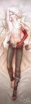  1boy abs allen_walker arm_over_head barefoot c8h11no2 chemical_structure coat d.gray-man dakimakura grey_eyes highres male_focus nipples one_eye_closed open_clothes open_pants open_shirt pale_skin scar shirt signature smile solo tattoo unbuckled_belt underwear white_hair 