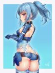  1girl alice_gear_aegis ass bangs blue_gloves blue_hair blush breasts doyouwantto from_behind gloves highres long_hair looking_at_viewer looking_back medium_breasts micro_shorts ponytail shiny shiny_hair shiny_skin shorts solo standing takanashi_rei violet_eyes 