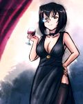  1girl alcohol artist_request breasts brown_eyes brown_hair choker cup drinking_glass garter_straps girls_und_panzer glass glasses hand_on_hip kawashima_momo lace lace-trimmed_thighhighs large_breasts monocle red_eyes short_hair side_slit solo thigh-highs wine wine_glass 