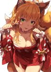  1girl ahoge animal_ears bare_shoulders bell blonde_hair blush breasts cleavage fox_ears fox_tail green_eyes highres hoshii_miki idolmaster idolmaster_million_live! japanese_clothes jingle_bell kimono long_hair looking_at_viewer multiple_tails narumi_arata paw_pose short_kimono simple_background smile solo tail white_background 
