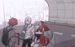  2boys 2girls ahoge backpack bag flower_(vocaloid) fukase head_flag long_hair mi_no_take multiple_boys multiple_girls ponytail redhead road sf-a2_miki silver_hair sitting stretch urban utatane_piko vocaloid white_hair 