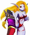  1girl alternate_costume animal_ears bare_shoulders blonde_hair bodypaint breasts breath_of_fire breath_of_fire_ii capcom furry knee_up long_hair no_panties no_pants nude pointy_ears red_eyes rinpoo_chuan solo striped tail white_background 