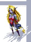  1girl animal_ears bare_shoulders bodypaint breasts breath_of_fire breath_of_fire_ii capcom furry highres long_hair no_panties no_pants pointy_ears red_eyes rinpoo_chuan solo striped tail white_background 