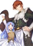  1boy 1girl arm_up armor blue_eyes blue_hair brown_eyes brown_hair cape child elf gauntlets grin highres ibuki_notsu long_hair long_sleeves one_eye_closed open_mouth pointy_ears rance rance_(series) reset_kalar shirt skirt smile very_long_hair vest wide_sleeves 