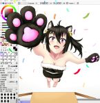  1girl :d ahoge animal_ears bare_shoulders barefoot beifeng_han bell black_hair blush breasts cat_ears cat_paws cat_tail cleavage fang foreshortening fur_trim hair_bell hair_between_eyes hair_ornament long_hair looking_at_viewer miyaura_sanshio open_mouth original outstretched_arm paws smile solo tail through_screen twintails violet_eyes 