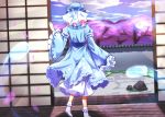  1girl blue_dress cherry_blossoms clouds dress e.o. garden hat hitodama long_sleeves mob_cap open_door petals pink_hair saigyouji_yuyuko sash sky solo touhou tree veil veranda wallpaper wide_sleeves 