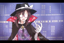  1girl bad_hands brown_hair cape english glasses gloves hat letterboxed long_hair low_twintails open_mouth parody red-framed_glasses shirofox solo star_wars touhou twintails upper_body usami_sumireko white_gloves 