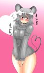 1girl akasode_(tyaramu) animal_ears blush bottomless breasts flying_sweatdrops grey_hair heart_tail highres looking_away mouse_ears mouse_tail nazrin red_eyes ribbed_sweater short_hair smile solo sweater tail touhou turtleneck