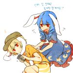  2girls animal_ears blonde_hair blue_dress blue_hair cellphone dress flat_cap hat korean long_hair lying midriff misha_(hoongju) multiple_girls navel open_mouth orange_shirt phone rabbit_ears red_eyes ringo_(touhou) seiran_(touhou) shirt short_hair smartphone touhou translated 