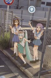  3girls bandaid bandaid_on_cheek bandaid_on_face bandaid_on_knee bandaid_on_leg blue_bow blue_eyes blue_hairband blue_skirt bow brown_hair brown_shoes bush cosmos_34 double_v epinel_(nikke) fence folkwang_(nikke) goddess_of_victory:_nikke green_eyes green_hair green_skirt grey_hair hair_bow hair_ornament hairband head-mounted_display high_school_girls_posing_for_google_street_view_(meme) highres kneehighs looking_at_viewer meme multicolored_hair multiple_girls nepenthe_(nikke) open_mouth photo_background ponytail purple_hair road_sign rumani_(nikke) school_uniform serafuku shirt shoes sign skirt smile socks standing star_sticker streaked_hair v violet_eyes white_shirt white_socks 