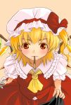  1girl ascot blonde_hair blush fangs flandre_scarlet hat highres looking_at_viewer mouth_hold pocky pocky_day pocky_kiss red_eyes sasurai_no_kuchibuefuki shared_food shirt_grab short_hair short_sleeves side_ponytail simple_background smile solo touhou wings 