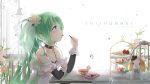  1girl choker earrings eating flower from_side gloves green_eyes green_hair hatsune_miku highres jewelry k.syo.e+ lace_gloves lock long_hair padlock padlocked_collar pocky sitting solo stuffed_animal stuffed_dog stuffed_toy sweets vocaloid white_gloves 