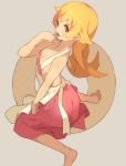  1girl barefoot beige_background blonde_hair breasts cleavage doughnut dress fang food from_side hajime_(hajime-ill-1st) hand_to_own_mouth highres long_hair monogatari_(series) oshino_shinobu pointy_ears simple_background sitting small_breasts solo wariza yellow_eyes 