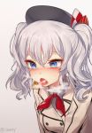  0ye 1girl blue_eyes blush hair_ornament heart heart-shaped_pupils heavy_breathing kantai_collection kashima_(kantai_collection) saliva silver_hair solo symbol-shaped_pupils tongue tongue_out tsurime twintails uniform 