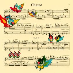  alternate_color bird character_name chatot commentary kameko musical_note no_humans open_mouth page_number perching pokemon pokemon_(creature) sheet_music sixteenth_note 