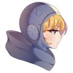  1girl ;; apex_legends blonde_hair blue_eyes blue_headwear blush eyebrows_visible_through_hair from_side head_only highres hood light_blush light_smile solo symbol_commentary wattson_(apex_legends) white_background 