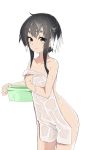  1girl ariyoshi_gen black_hair blush eyebrows flat_chest highres kantai_collection looking_at_viewer multicolored_hair naked_towel simple_background smile solo thick_eyebrows tokitsukaze_(kantai_collection) towel two-tone_hair wet white_background white_hair yellow_eyes 