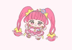  1girl absurdly_long_hair bag_bow bare_shoulders blunt_bangs boots bow brooch chibi closed_mouth commentary cure_star detached_sleeves dot_nose dress earrings eyelashes frilled_sleeves frills fur-trimmed_boots fur_trim fur_wrist_cuffs hair_ornament hair_scrunchie hairband happy hoshina_hikaru ichigo_usuhana jewelry light_blush long_hair looking_at_viewer loose_hair_strand magical_girl outstretched_arms petticoat pink_background pink_bag pink_boots pink_bow pink_dress pink_eyes pink_hair pink_theme pink_thighhighs planet_hair_ornament planetary_ring precure scrunchie short_dress short_sleeves simple_background single_bare_leg single_thighhigh smile solo star_(symbol) star_button star_hair_ornament star_twinkle_precure strapless strapless_dress tareme thigh-highs twintails very_long_hair waist_bag white_hairband white_sleeves white_wrist_cuffs wrist_cuffs yellow_scrunchie 