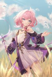 1girl bare_shoulders blue_eyes blue_sky breasts clouds coat commentary cyrene_(aedes_elysiae)_(honkai:_star_rail) cyrene_(honkai:_star_rail) day dress hair_ornament highres honkai:_star_rail honkai_(series) looking_at_viewer medium_hair multicolored_hair outdoors pink_hair pink_pupils purple_coat sky small_breasts smile solo suwa_(swk_kkk) symbol-only_commentary thighs two-tone_hair white_dress white_hair