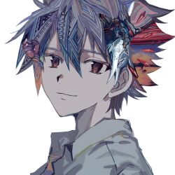  1boy brown_eyes collared_shirt commentary_request eva_01 grey_hair hair_between_eyes highres light_smile looking_at_viewer male_focus nagisa_kaworu neon_genesis_evangelion patterned_hair portrait shirt short_hair simple_background solo white_background yadu_nadu 