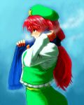  1girl beret blue_background blue_eyes blue_scarf breath breathing chinese_clothes from_side hat hong_meiling koyubi_(littlefinger1988) long_hair long_sleeves looking_away puffy_long_sleeves puffy_sleeves redhead scarf scarf_over_mouth shirt solo star steam tangzhuang touhou upper_body white_shirt 