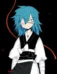  1boy blue_eyes blue_hair eyepatch hair_down japanese_clothes l_hakase male_focus sayo_samonji scar solo touken_ranbu 