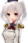  1girl absurdres blue_eyes breasts gijxgij hair_ornament highres kantai_collection kashima_(kantai_collection) large_breasts long_hair military military_uniform open_mouth silver_hair smile solo twintails uniform wavy_hair 