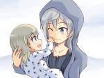  2girls :d ;) aurora_e_juutilainen blonde_hair blue_eyes eila_ilmatar_juutilainen hand_on_another&#039;s_cheek hand_on_another&#039;s_face hooded_jacket isosceles_triangle_(xyzxyzxyz) multiple_girls one_eye_closed open_mouth pajamas siblings silver_hair sisters smile strike_witches tonttu violet_eyes younger 