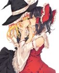  2girls apron ascot bad_hands black_hair black_shirt black_skirt blonde_hair bow detached_sleeves error frilled_apron frilled_bow frilled_collar frills hair_bow hair_over_shoulder hair_tubes hakurei_reimu hand_on_another&#039;s_face hands_up hat hat_bow incipient_kiss kirisame_marisa long_hair melocoton multiple_girls red_shirt red_skirt ribbon-trimmed_sleeves ribbon_trim sarashi shiny shiny_hair shirt short_hair short_sleeves simple_background skirt touhou white_background white_shirt witch_hat yellow_eyes yuri 