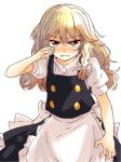  1girl apron blonde_hair blush bow braid crying crying_with_eyes_open full-face_blush hair_bow hair_ornament kirisame_marisa long_hair looking_at_viewer no_hat parted_lips puffy_sleeves sanpa shirt short_sleeves side_braid simple_background single_braid skirt skirt_set solo tears touhou vest waist_apron white_background yellow_eyes 