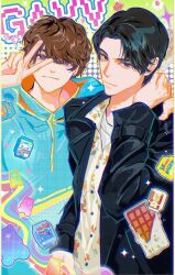  2boys absurdres arm_around_shoulder black_hair black_jacket blue_hoodie brown_hair candy chocodan_(brown_chocolate) chocolate chocolate_bar chromatic_aberration commentary doumaru floral_print_shirt food fuwamallow gochizo gummy_bear hashtag-only_commentary highres hood hoodie inoue_shouma jacket kamen_rider kamen_rider_gavv_(series) karakida_hanto long_sleeves looking_at_viewer male_focus mao_626 multiple_boys parted_bangs popping_gummy red_eyes short_hair symbol-only_commentary tokusatsu upper_body v v_over_eye violet_eyes zakuzaku_chips 