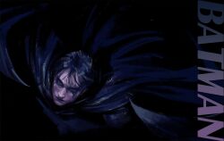  1boy batman batman_(series) black_background black_cape black_hair bruce_wayne burn_(515123013) cape character_name closed_mouth commentary dc_comics dc_extended_universe english_commentary eyeliner looking_up makeup male_focus short_hair simple_background solo superhero_costume the_batman_(2022) upper_body 