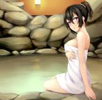  1girl :o bare_shoulders beifeng_han black_hair blush breasts cleavage hair_between_eyes long_hair looking_at_viewer miyaura_sanshio naked_towel onsen original short_ponytail solo towel violet_eyes water 