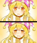  1girl blonde_hair clownpiece crying hat jester_cap long_hair misha_(hoongju) open_mouth red_eyes solo tears touhou very_long_hair 