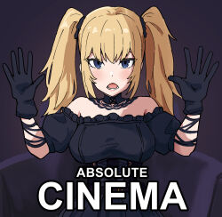  1girl absolute_cinema_(meme) ani_(xai) black_choker black_gloves blonde_hair blue_eyes breasts choker commentary dress english_text gloves hands_up highres lace-trimmed_choker lace_trim large_breasts long_hair looking_at_viewer meme off-shoulder_dress off_shoulder puffy_short_sleeves puffy_sleeves short_sleeves sitting solo straight-on tenten_(chan4545) twintails twitter 