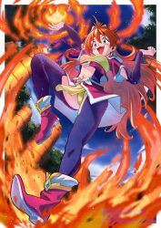  1girl arm_up artist_name boots day earrings fang fire headband highres jewelry kukunokuno layered_sleeves lina_inverse long_hair long_sleeves magic navel open_mouth outdoors outside_border photoshop_(medium) red_eyes red_hair short_sleeves slayers solo web_address 