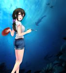  1girl :d beifeng_han black_hair bow brush hair_between_eyes hair_bow hammerhead_shark long_hair looking_at_viewer looking_back miyaura_sanshio open_mouth original painting_(object) palette shirt shorts smile solo t-shirt violet_eyes 