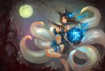  1girl ahri animal_ears black_hair blue_dress breasts catsila choker claws cleavage dress fox_ears fox_girl fox_tail highres lantern league_of_legends midriff moon navel solo tail yellow_eyes 