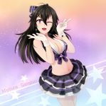  1girl :d ahoge beifeng_han black_hair blush bow breasts character_name cleavage earrings gloves hair_between_eyes hair_bow jewelry large_breasts long_hair midriff miyaura_sanshio navel one_eye_closed open_mouth original skirt smile solo star violet_eyes white_gloves 