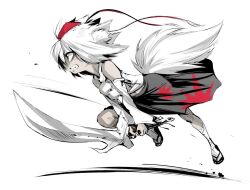  animal_ears detached_sleeves geta hat inubashiri_momiji leaf leaf_print maple_leaf maple_leaf_print non-web_source original pom_pom_(clothes) red_eyes red_hat shimizu_pem tail tengu-geta tokin_hat touhou white_hair wolf_ears wolf_girl wolf_tail 