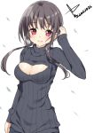  1girl black_hair breasts cleavage large_breasts long_sleeves open-chest_sweater open_mouth original red_eyes ribbed_sweater smile solo sweater turtleneck yatsu_(sasuraino) 