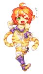  1girl animal_ears bare_shoulders breasts breath_of_fire breath_of_fire_ii capcom cat_ears cat_tail furry green_eyes highres no_panties no_pants orange_hair pointy_ears rinpoo_chuan short_hair solo striped sutorenngusu tail white_background 