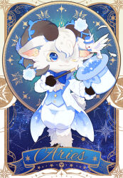  1boy androgynous animal_ears animal_hands aries_(symbol) aries_(zodiac) artist_request bird bishounen blue_bow blue_bowtie blue_eyes blue_flower blue_vest border bow bowtie coat commentary deformed flower fluffy_land furry furry_male hat highres holding holding_wand hooves horns k.k._(fluffy_land) magician male_focus official_art one_eye_closed ouji_fashion pants second-party_source sheep_boy sheep_ears sheep_horns sheep_tail short_hair solo symbol-only_commentary tail top_hat vest wand white_coat white_fur white_pants zodiac 