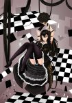  1girl absurdres beifeng_han black_dress black_glove black_hair black_legwear black_rose breasts checkered checkered_floor cleavage dress flower hair_between_eyes highres long_hair miyaura_sanshio one_eye_closed original rose simple_background single_gloves smile solo thigh-highs tile_floor tiles violet_eyes white_background 